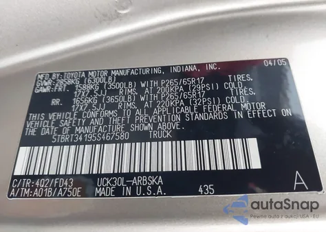 2005 Toyota Tundra Sr5 V8 from USA, damaged, VIN 5TBRT34195S467580
